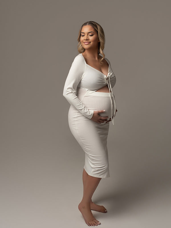 Momyknows White Crop Slit Lace Up Ceremony Going out Maternity Photoshoot Midi Dress