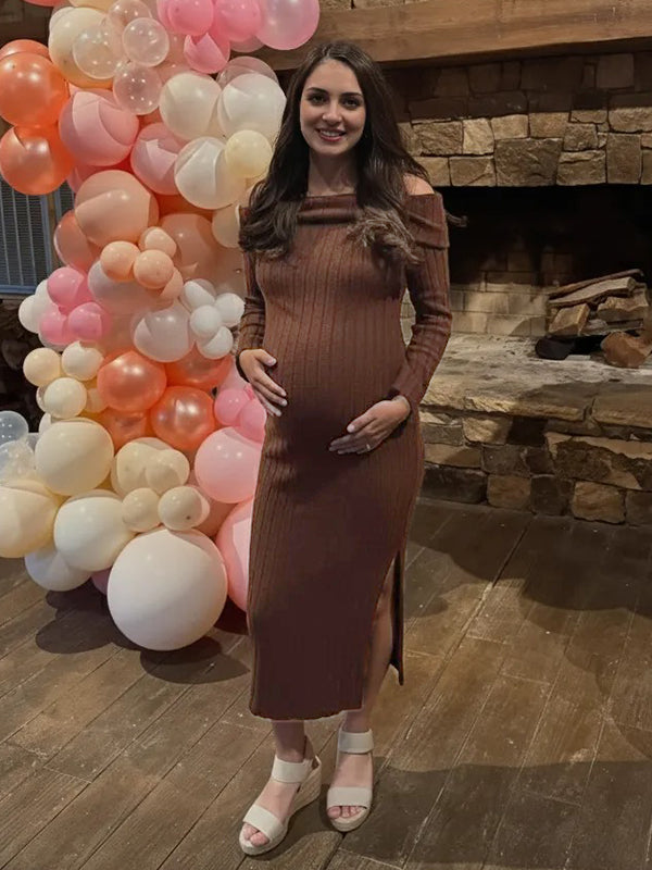 Momyknows Brown Knit Off Shoulder Side Slit Bodycon Maternity Sweater Midi Dress