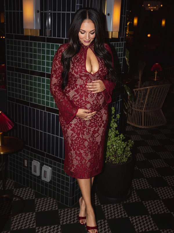 Momyknows Lace Cut Out Back Slit Flare Sleeve Bodycon Maternity Midi Dress