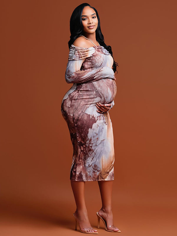 Momyknows Brown Print Off Shoulder Bodycon Maternity Photoshoot Midi Dress