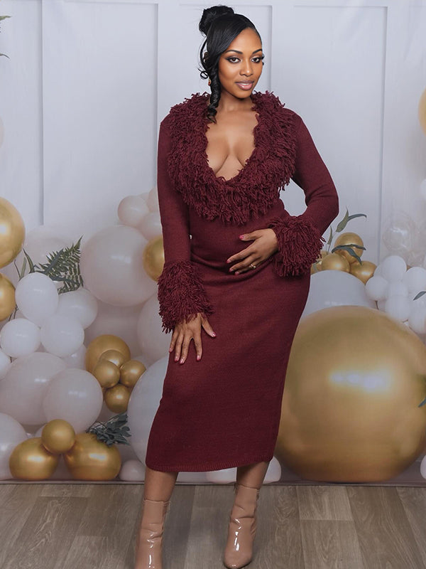 Momyknows Wine Red Deep V Fringe Fluffy Crochet Maternity Sweater Baby Shower Midi Dress