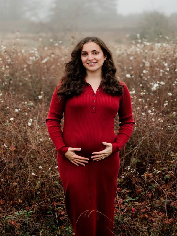 Momyknows Red Polo Collar Side Slit Button Maternity Photoshoot Midi Dress