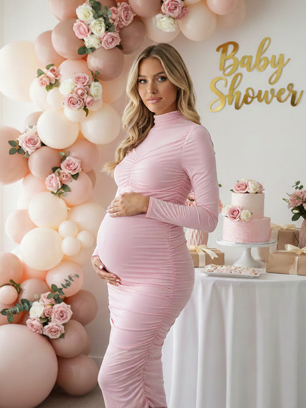 Momyknows Pink Ruched Stand Collar Long Sleeve Bodycon Maternity Midi Dress Pink / L Momyknows Pink Ruched Stand Collar Long Sleeve Bodycon Maternity Midi Dress Pink / L