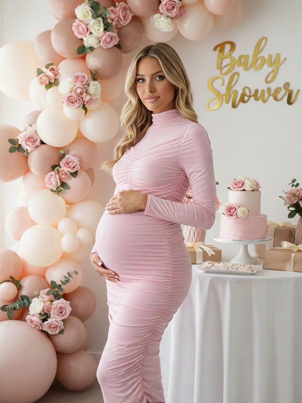 Momyknows Pink Ruched Stand Collar Long Sleeve Bodycon Maternity Midi Dress, Pink / L