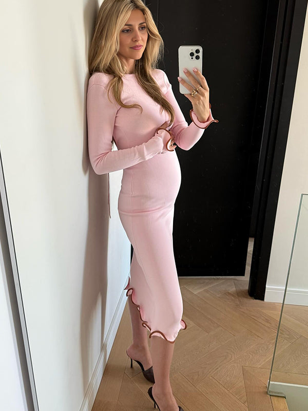 Momyknows Pink Falbala Semicircular Neck  Daily Maternity Midi Dress