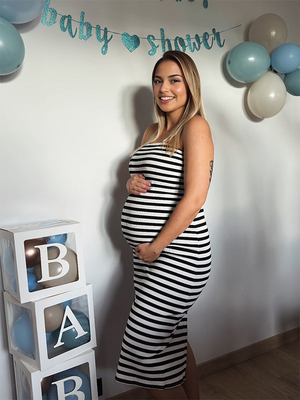Momyknows Black Striped Back Slit Baby Shower Maternity Midi Dress