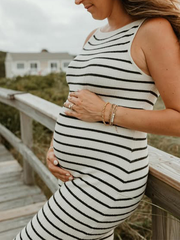 Momyknows White And Black Striped Halter Neck Bodycon Elegant Maternity Photoshoot Mini Dress