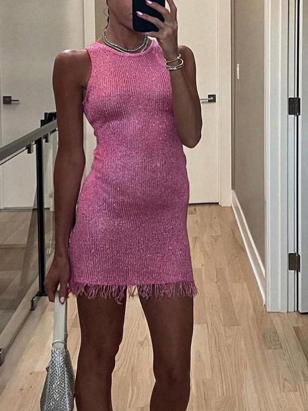 Momyknows Pink Round Neck Sleeveless Tassel Sequin Bodycon Elegant Maternity Photoshoot Mini Dress