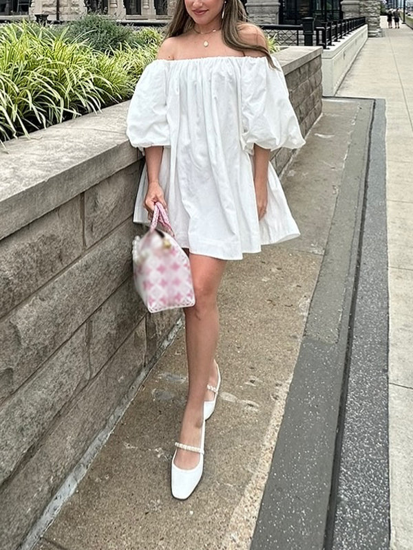 Momyknows White Bandeau Puff Sleeve Off Shoulder Elegant Maternity Photoshoot Mini Dress