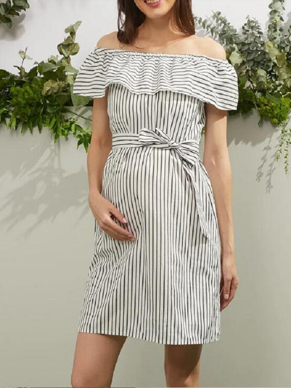 Momyknows Drawstring Off-shoulder Falbala Striped A-Line Maternity Mini Dresses