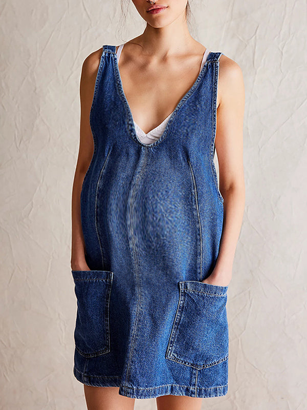 Momyknows Pockets Buckle Denim Overall Skirt A-Line Daily Maternity Mini Dresses