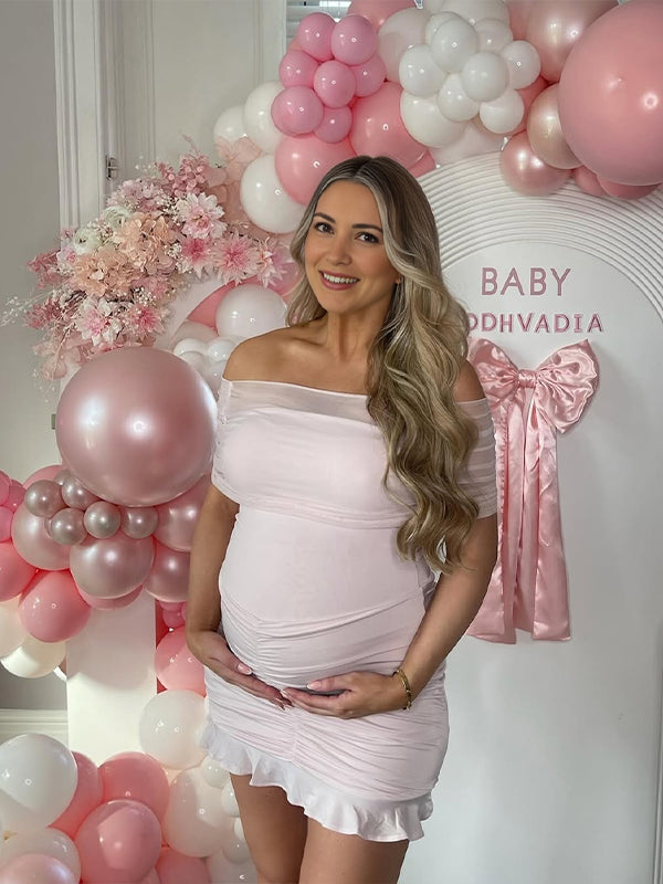 Momyknows Pink Ruffle off-shoulder Bandeau Bodycon Elegant Maternity Baby Shower Mini Dress