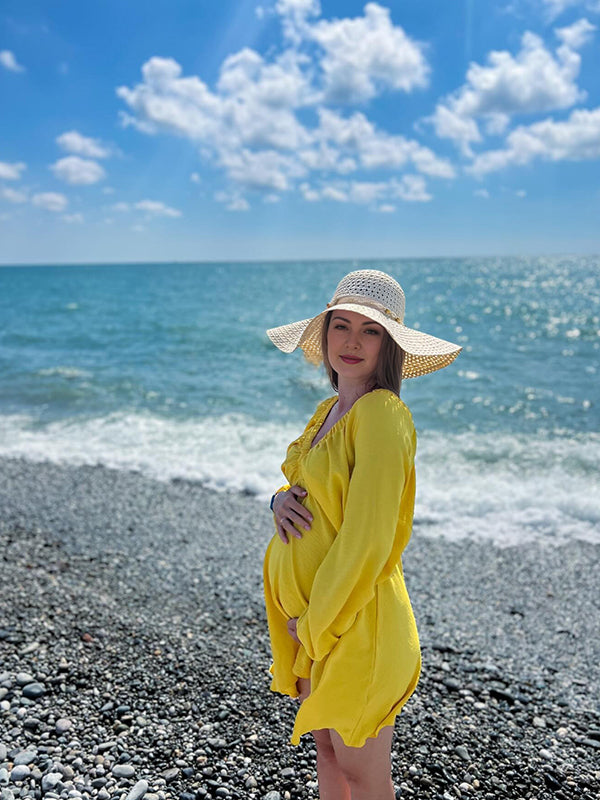 Momyknows Yellow V neck Puff Sleeve Daily Beach Maternity Photoshoot Mini Dress