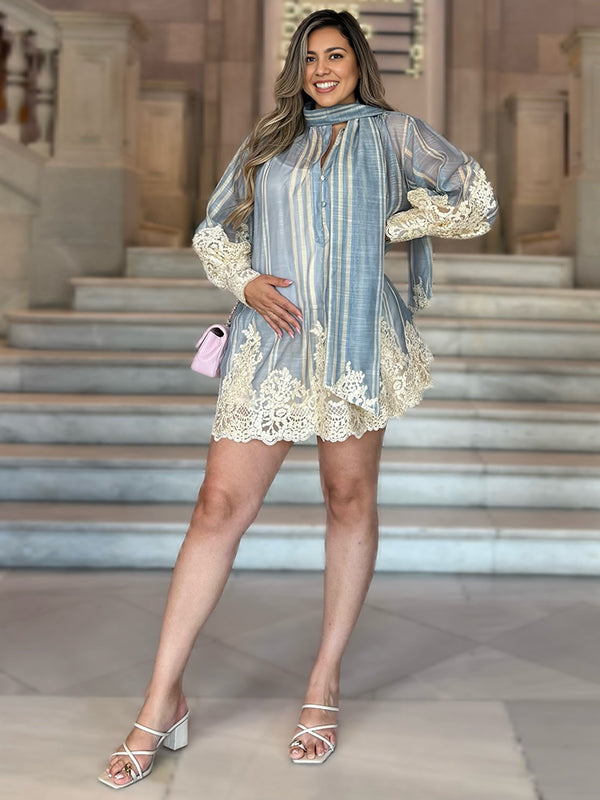 Momyknows Blue Lace A-line Lantern Sleeve Maternity Mini Dress