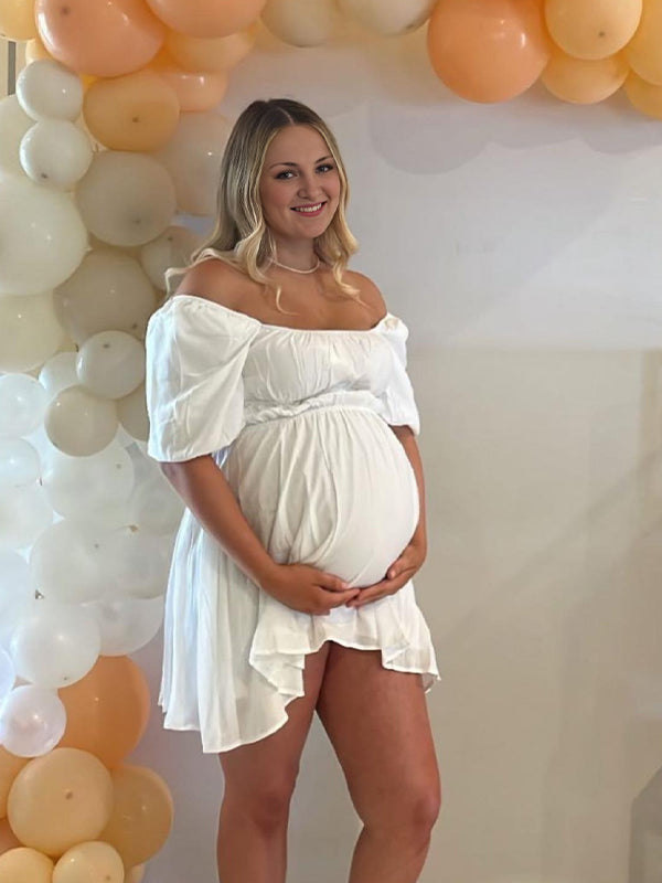 Momyknows White Off Shoulder Smoked Maternity Baby Shower Maxi Dress