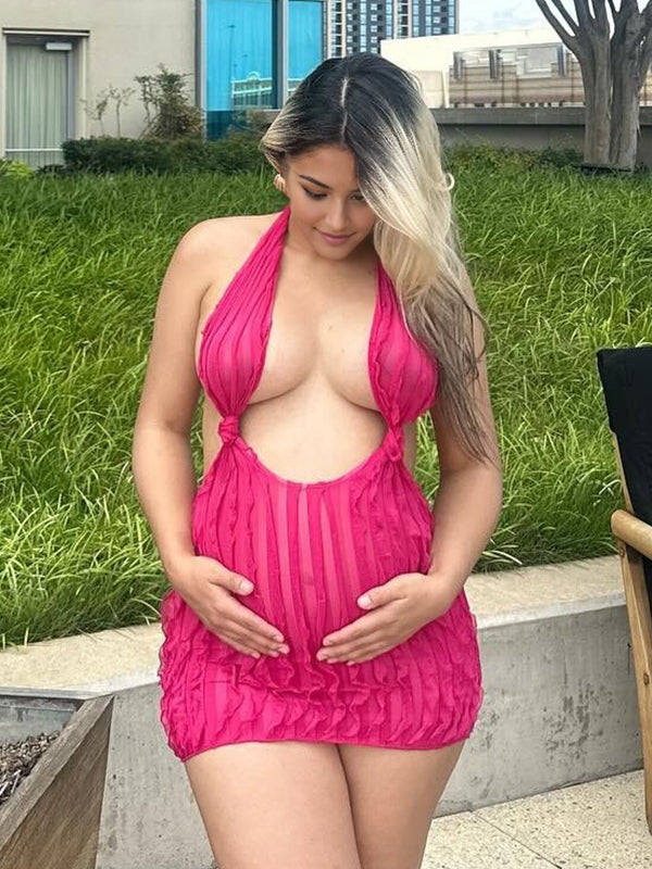 Momyknows Rose Carmine Halter Neck Backless Vacation Maternity Midi Dress