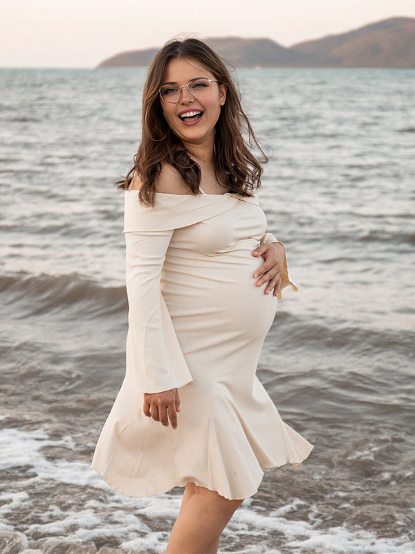 Momyknows White Off Shoulder Ruffle Photoshoot Maternity Mini Dress