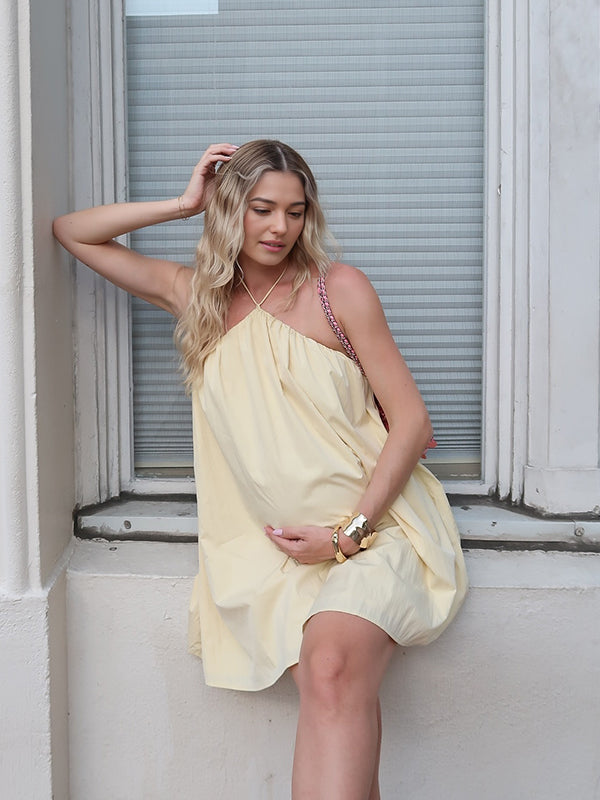 Momyknows Yellow Halter Neck Ruched Maternity Photoshoot Mini Dress