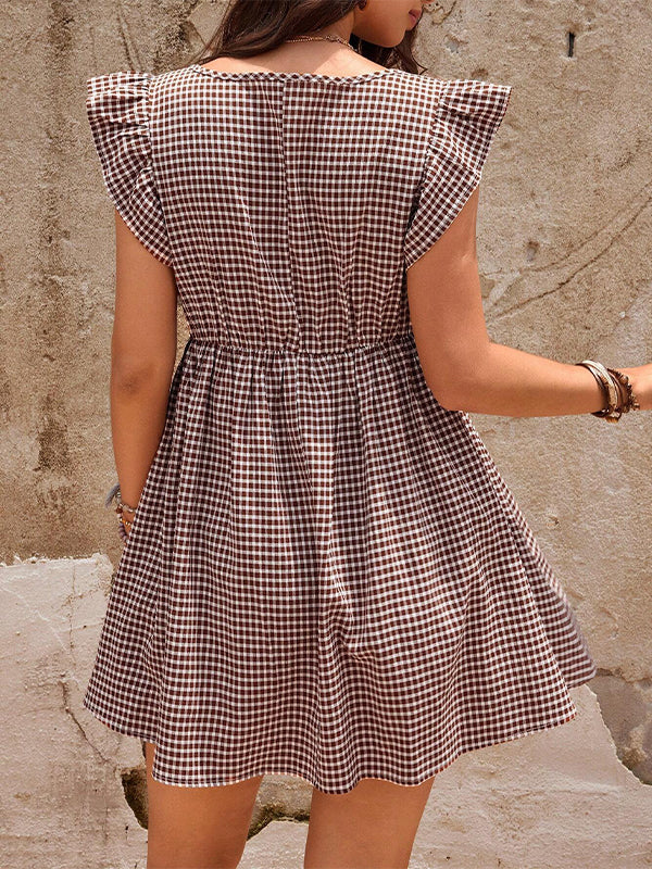 Momyknows Plaid Flutter Sleeve Baby Shower Maternity Mini Dress Blue / XL Momyknows Plaid Flutter Sleeve Baby Shower Maternity Mini Dress Blue / XL