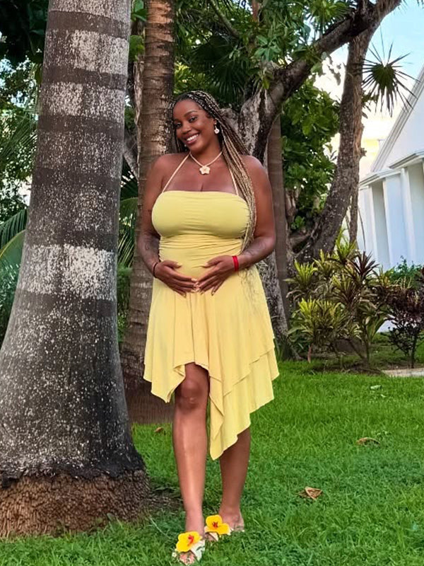 Momyknows Yellow Irregular Halter Neck Ruched Maternity Photoshoot Mini Dress