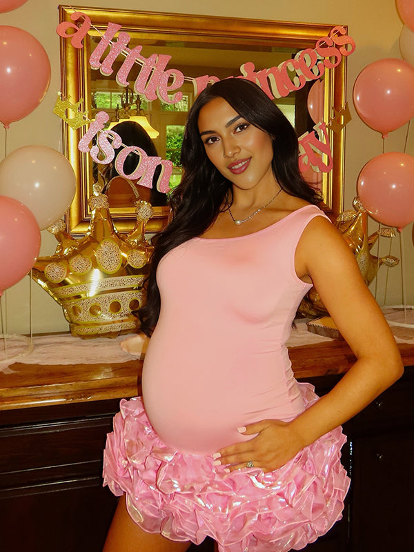Momyknows Pink Wood Ear Lace Pearl Grenadine Maternity Baby Shower Mini Dress