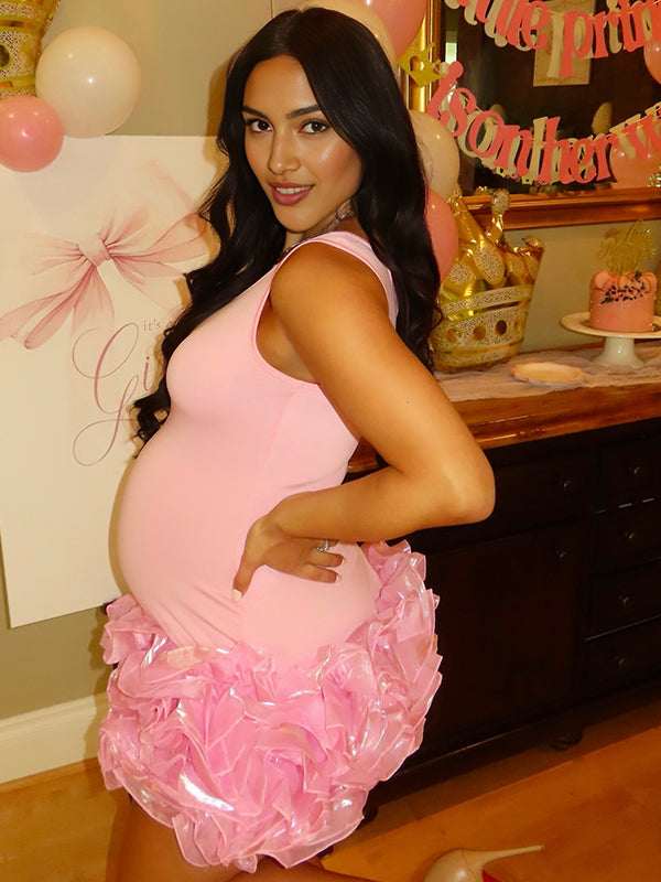 Momyknows Pink Wood Ear Lace Pearl Grenadine Maternity Baby Shower Mini Dress Pink / L Momyknows Pink Wood Ear Lace Pearl Grenadine Maternity Baby Shower Mini Dress Pink / L