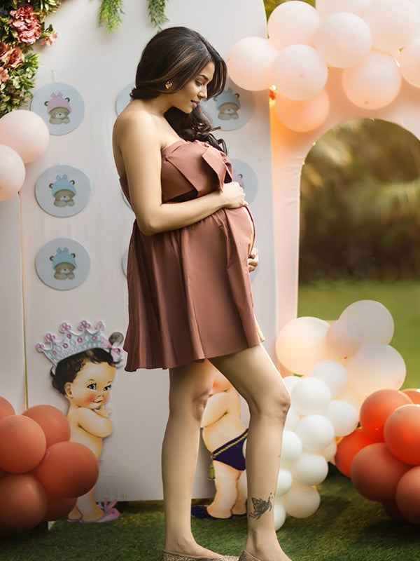 Momyknows Coffee Bowknot Zipper Open Back Maternity Baby Shower Mini Dress