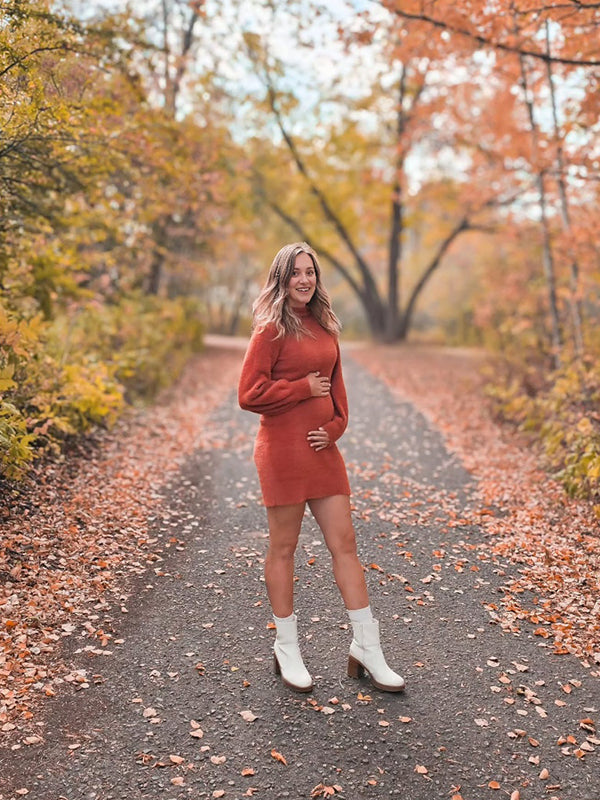 Momyknows Orange High Neck Crochet Daily Going out Maternity Photoshoot Sweater Mini Dress