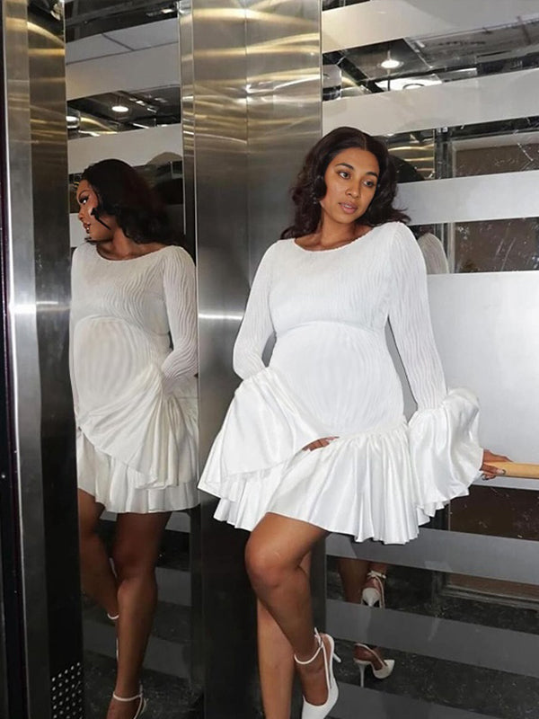 Momyknows White Flare Sleeve Falbala Fashion Chic Maternity Photoshoot  Mini Dress