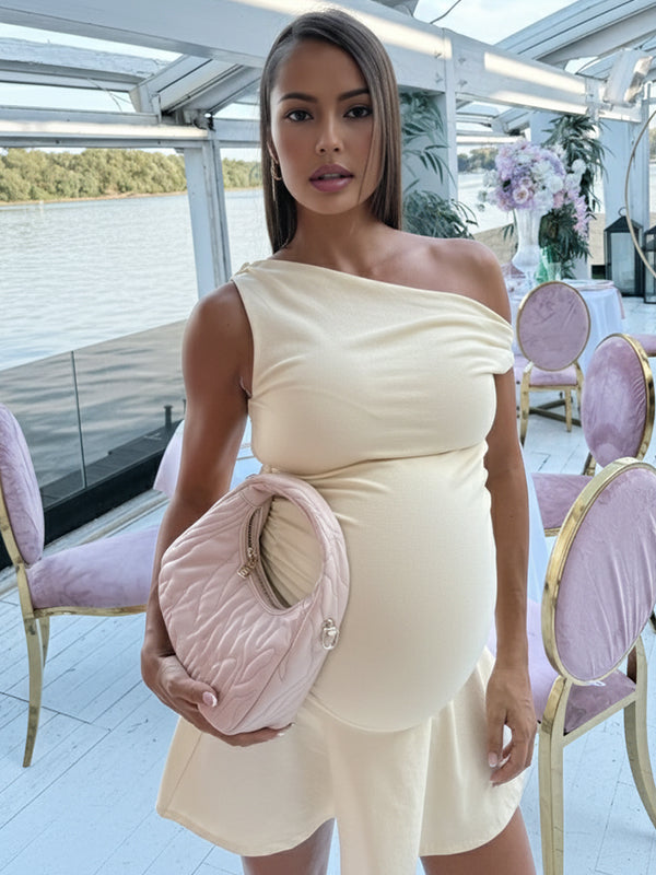 Momyknows Yellow One Shoulder Ruched Ruffle A-line Maternity Mini Dress