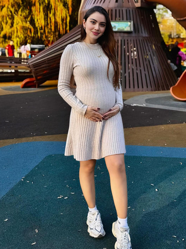 Momyknows Khaki Knit Ruffle A-line Maternity Mini Sweater Dress