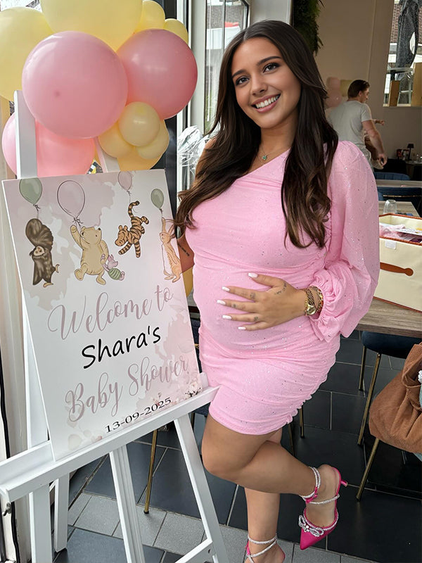 Momyknows Pink Shiny Mesh Ruched One Shoulder Maternity Mini Dress
