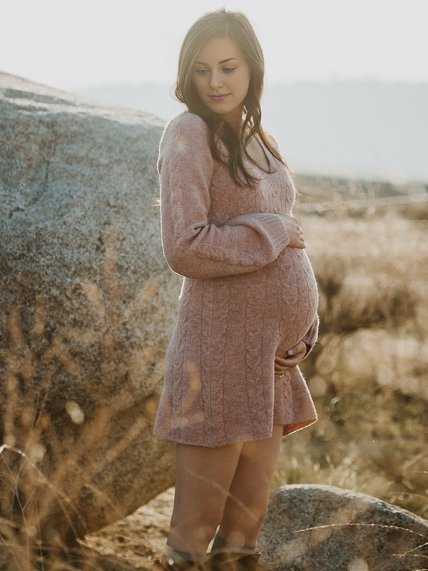 Momyknows Cable Knit A-line V-neck Lantern Sleeve Maternity Sweater Mini Dress