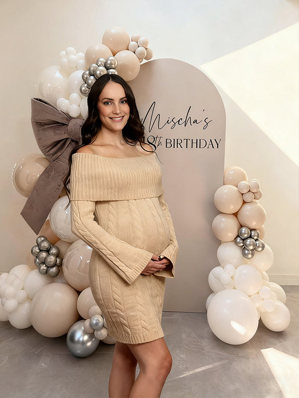 Momyknows Off Shoulder Backless Crochet Maternity Baby Shower Sweater Mini Dress