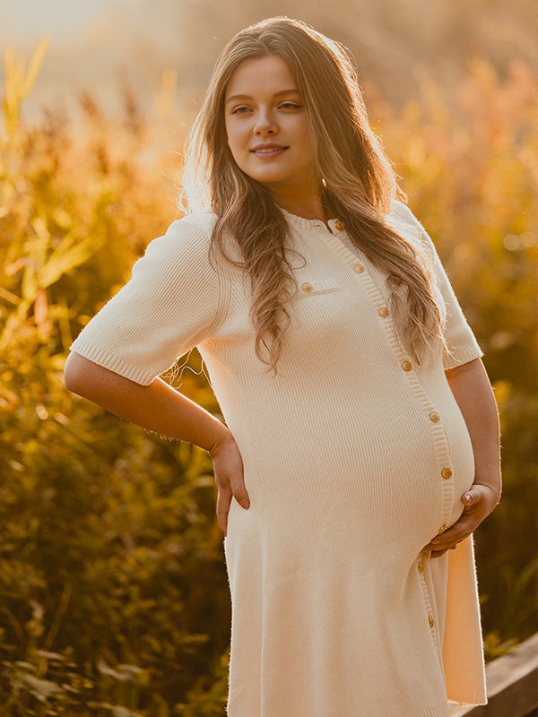 Momyknows White Tache Crochet Pocket Maternity Photoshoot Sweater Mini Dress