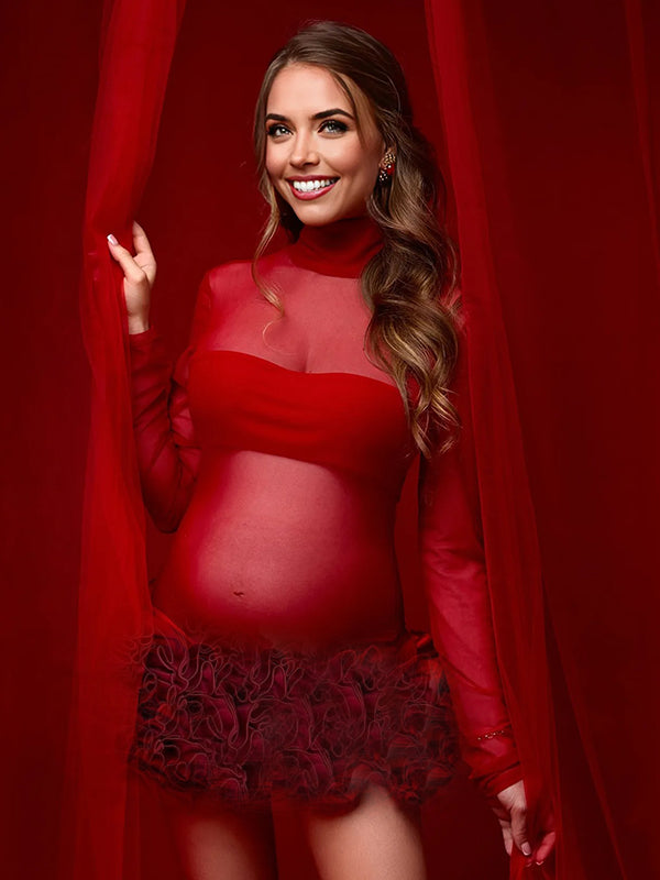 Momyknows Red Sheer 3D Flower Maternity Photoshoot Mini Dress