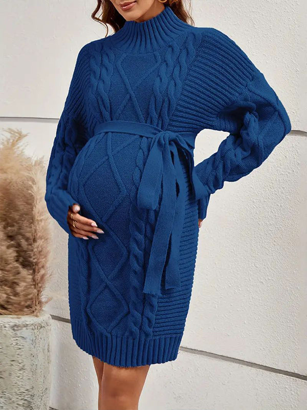 Momyknows Dark Blue Lace Up Leisure High Neck Maternity Sweater Photoshoot Mini Dress