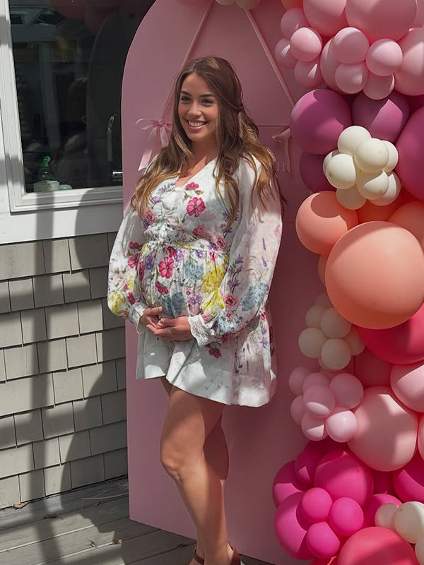 Momyknows Flower Color Print Button Maternity Baby Shower Mini Dress