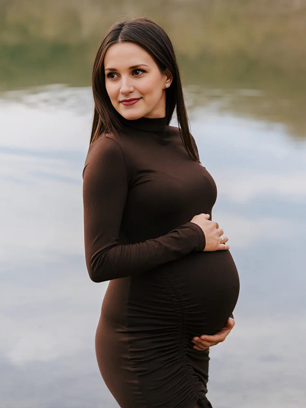 Momyknows Coffee Drawstring Ruched Bodycon Maternity Photoshoot Mini Dress