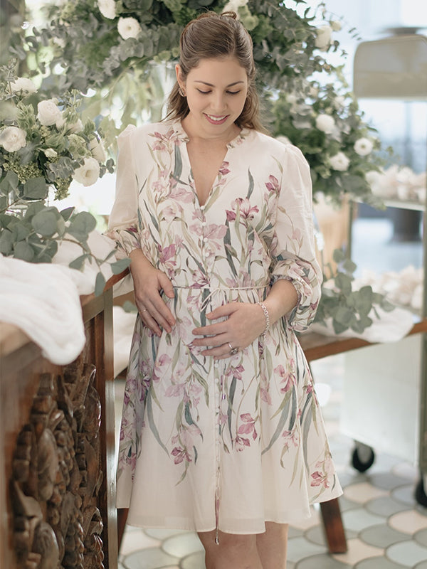Momyknows Beige Floral Single Breasted A-line Boho Maternity Mini Dress