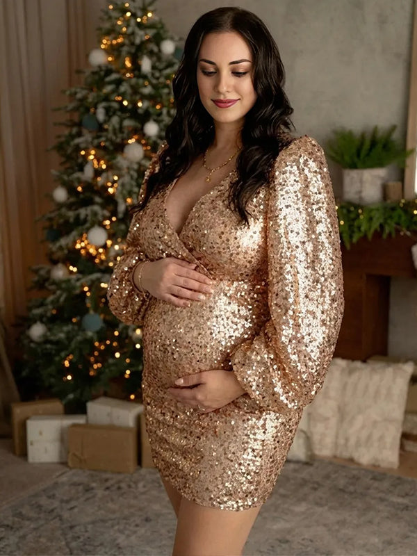 Momyknows Sparkle Sequin Cross Chest Lantern Sleeve Bodycon Maternity Mini Dress