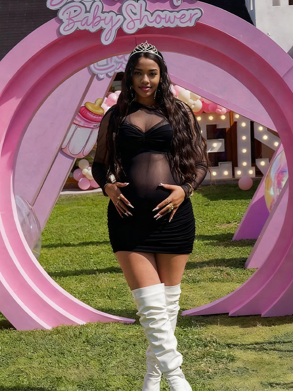 Momyknows Black Ruched Sheer Baby Shower Maternity Mini Dress