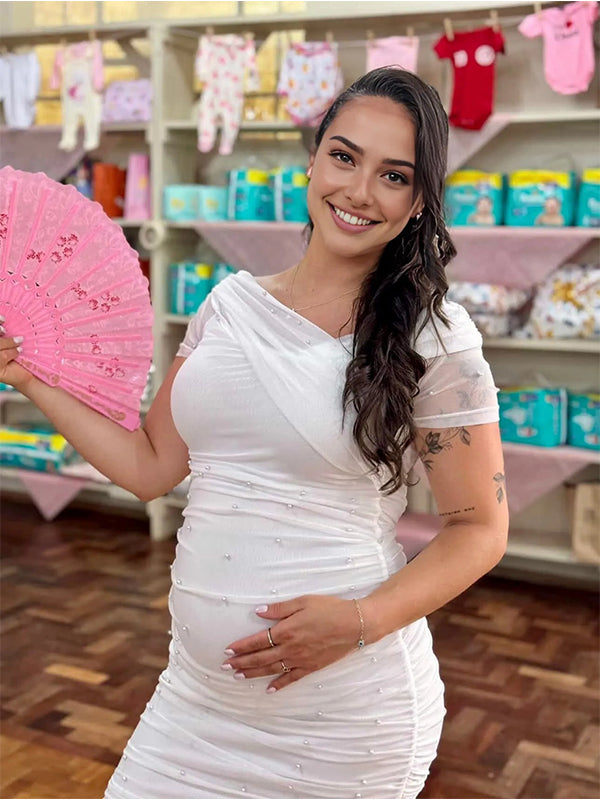 Momyknows White Off Shoulder Pearl Grenadine Baby Shower Maternity Mini Dress