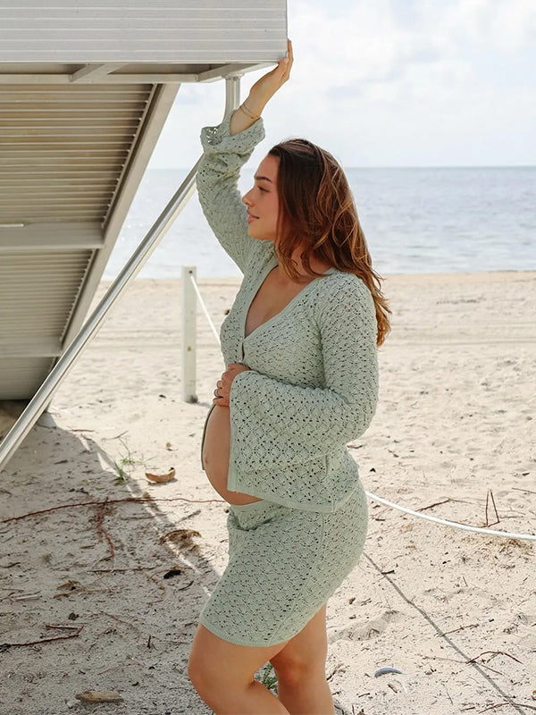 Momyknows Light Green 2 Pieces Knit Cut Out Photoshoot Maternity Mini Dress