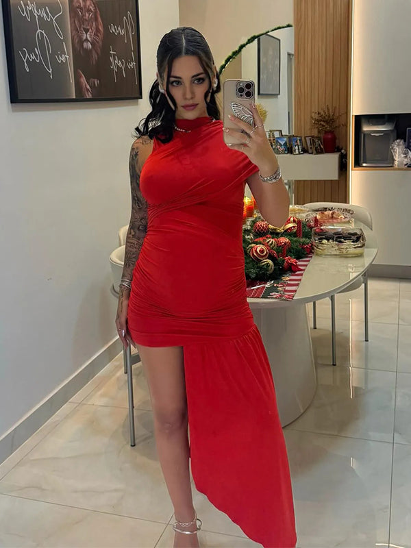 Momyknows Red Ruched Draped One Shoulder Photoshoot Maternity Mini Dress