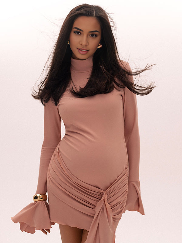 Momyknows Ruched Draped Band Neck Flare Sleeve Photoshoot Baby Shower Maternity Mini Dress