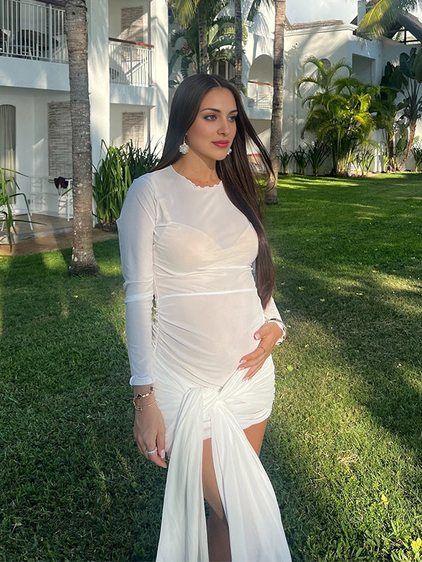 Momyknows Ruched Draped Grenadine Sheer Bodycon Vacation Party Maternity Mini Dress