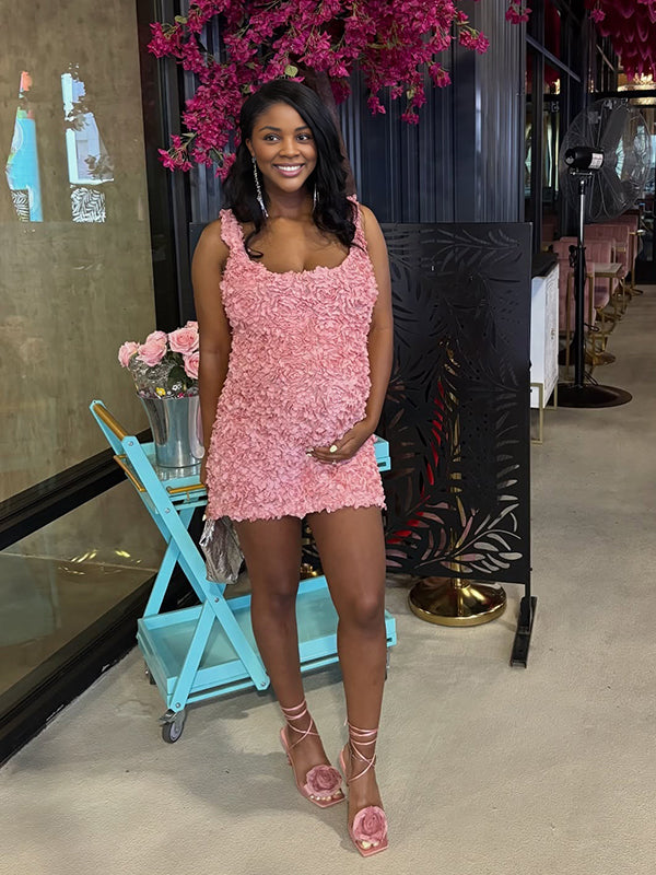 Momyknows Pink 3D Flowers Baby Girl Shower Maternity Mini Dress