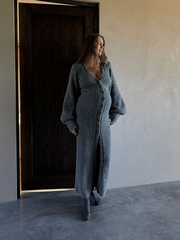 Momyknows Grey Buttons Cardigan Oversize Leisure Maternity Photoshoot Maxi Dress