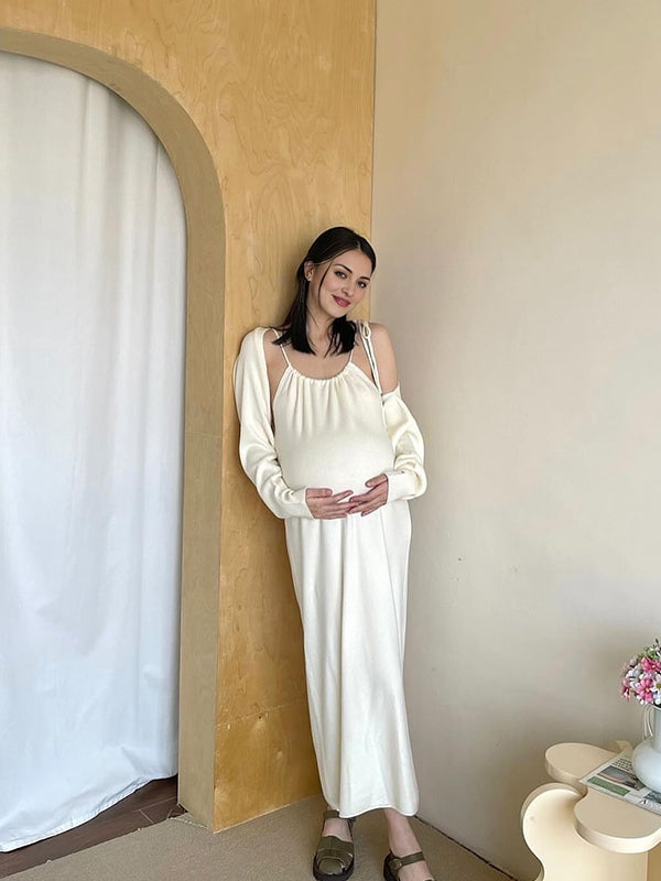 Momyknows Apricot Halter Neck Cape Two Piece Leisure Casual Maternity Photoshoot Two Piece Maxi Dress